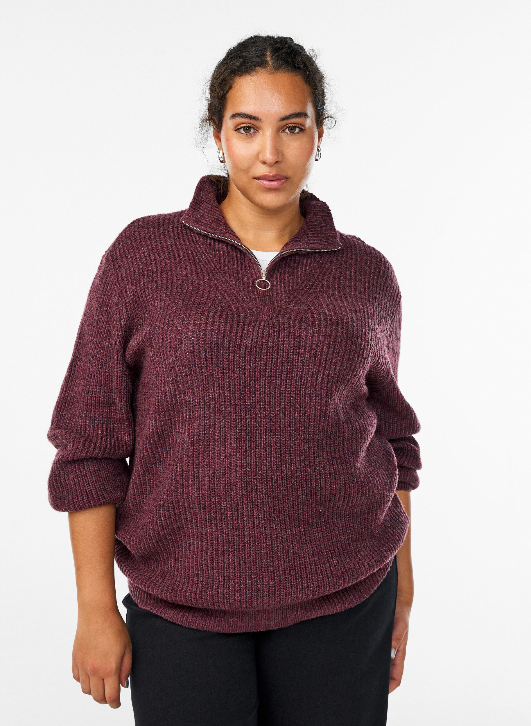 FLASH - Pull en tricot avec col haut et fermeture &eacute;clair, Bordeaux, Model