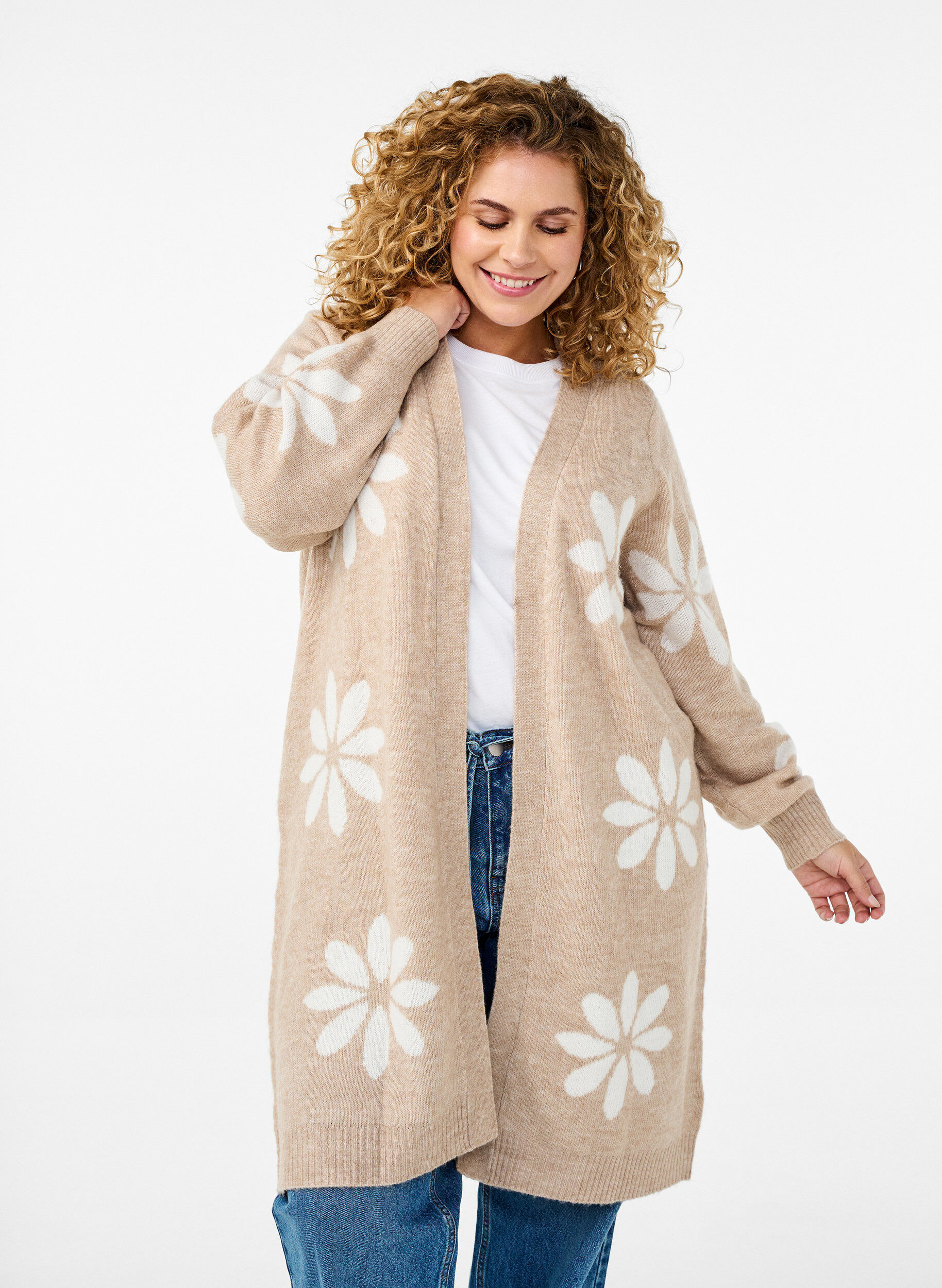 Zizzi Lange Strickjacke mit floralem Muster, Simply Taupe Comb, Model image number 0