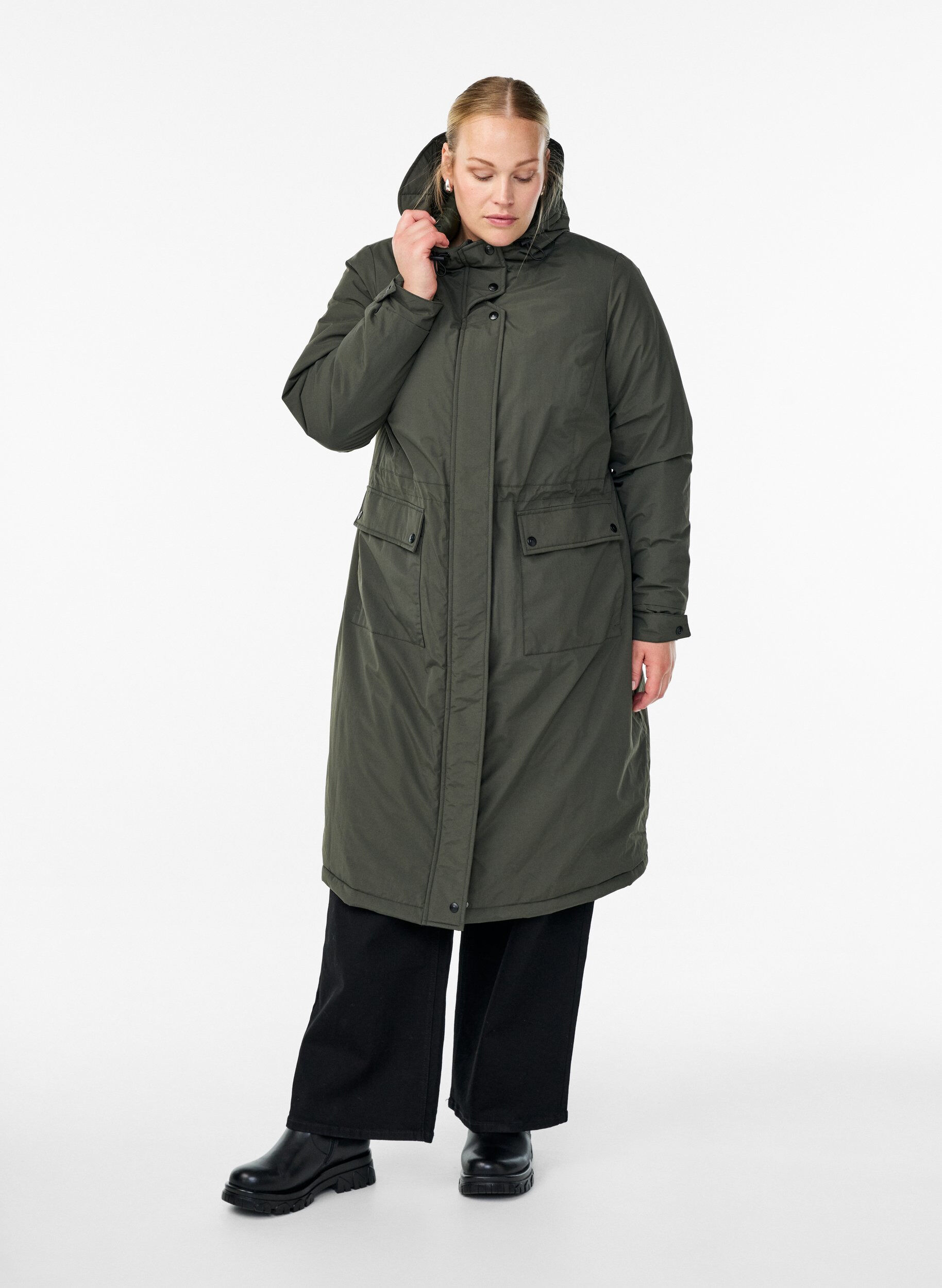 Zizzi Parka avec capuche et taille r&eacute;glable, Vert Kaki, Model image number 1