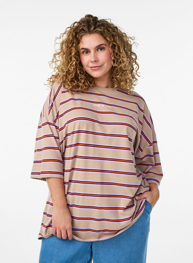 T-shirt oversize &agrave; rayures et manches 1/2, Beige, Model image number 0