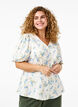 Geblümte Satin-Bluse mit Puffärmeln, Off White Blue Fl., Model image number 0