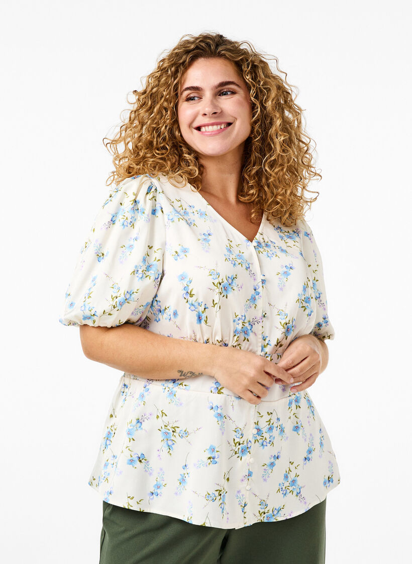 Geblümte Satin-Bluse mit Puffärmeln, Off White Blue Fl., Model image number 0