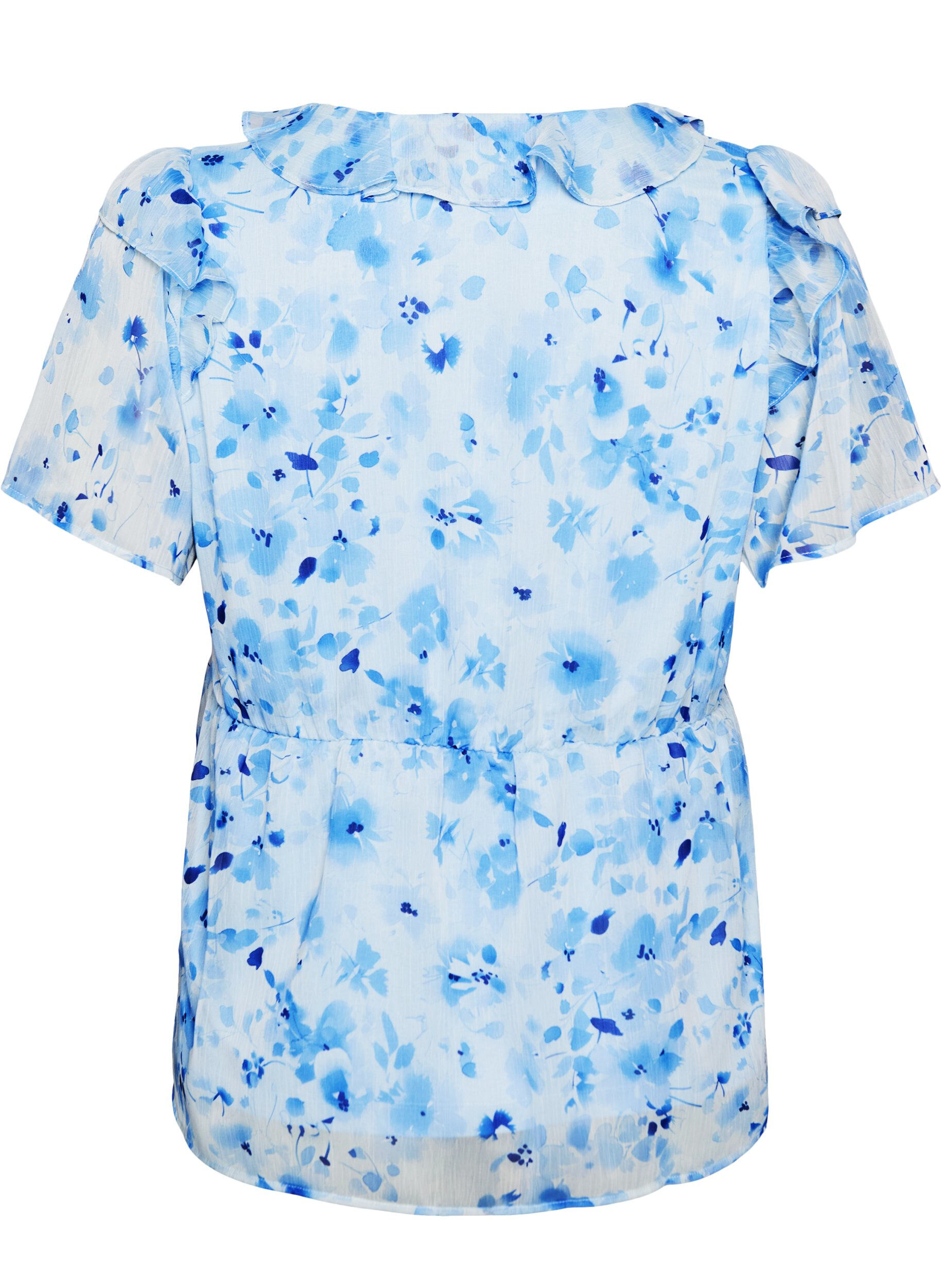 ZizziBlouse fleurie avec col &agrave; volants et effet peplum, Bleu, Packshot image number 1