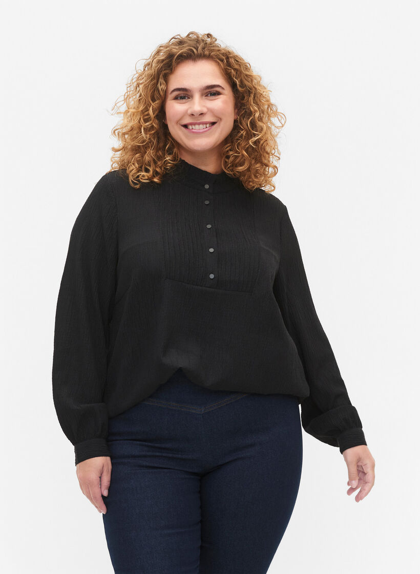 Langärmlige Bluse mit Rüschenkragen, Black, Model image number 0