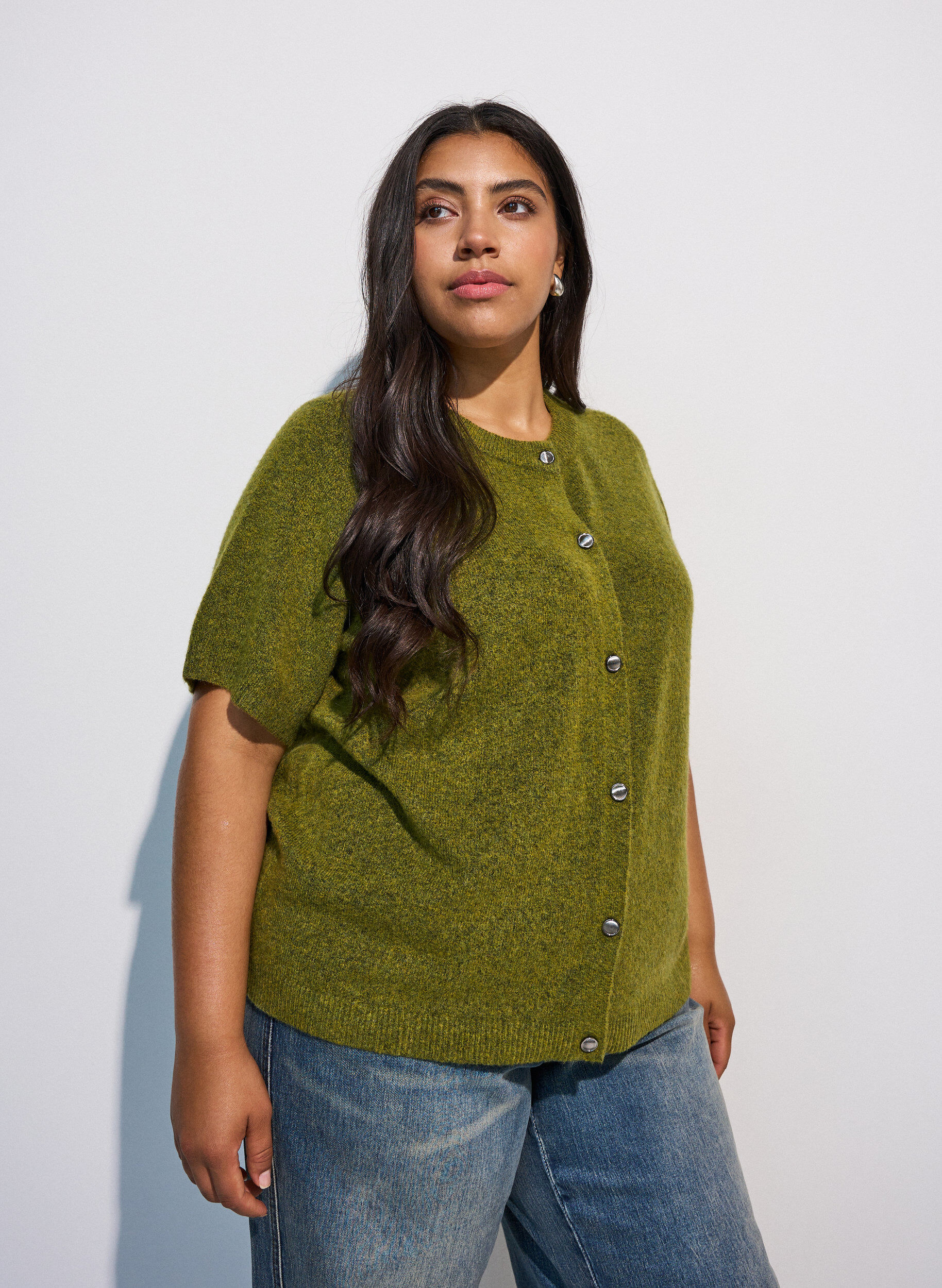 Cardigan en maille avec manches courtes, Vert clair, Model