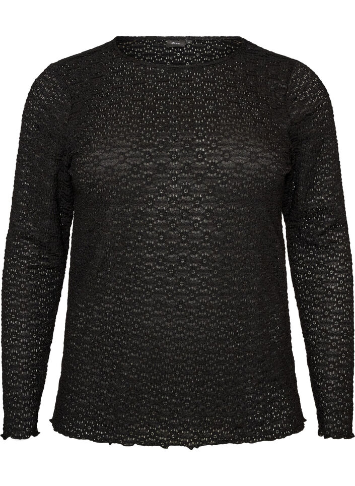 Bluse mit Lochmuster und langen &Auml;rmeln, Schwarz, Packshot image number 0
