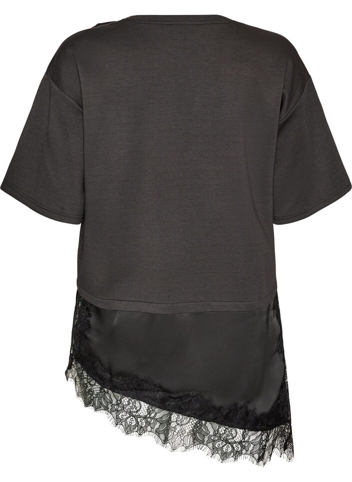 Jerseybluse im Lagenlook mit Spitze, Schwarz, Packshot image number 1