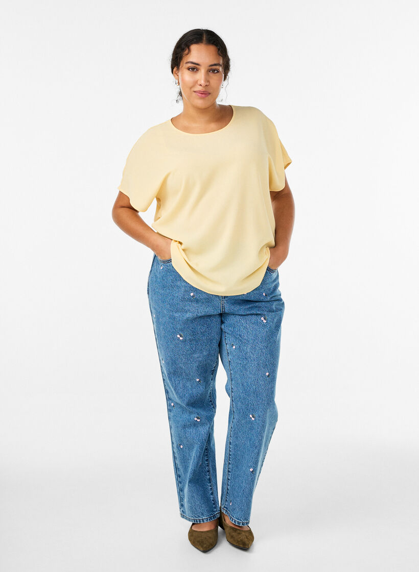 Blouse &agrave; manches courtes et encolure ronde, Jaune clair, Model image number 1