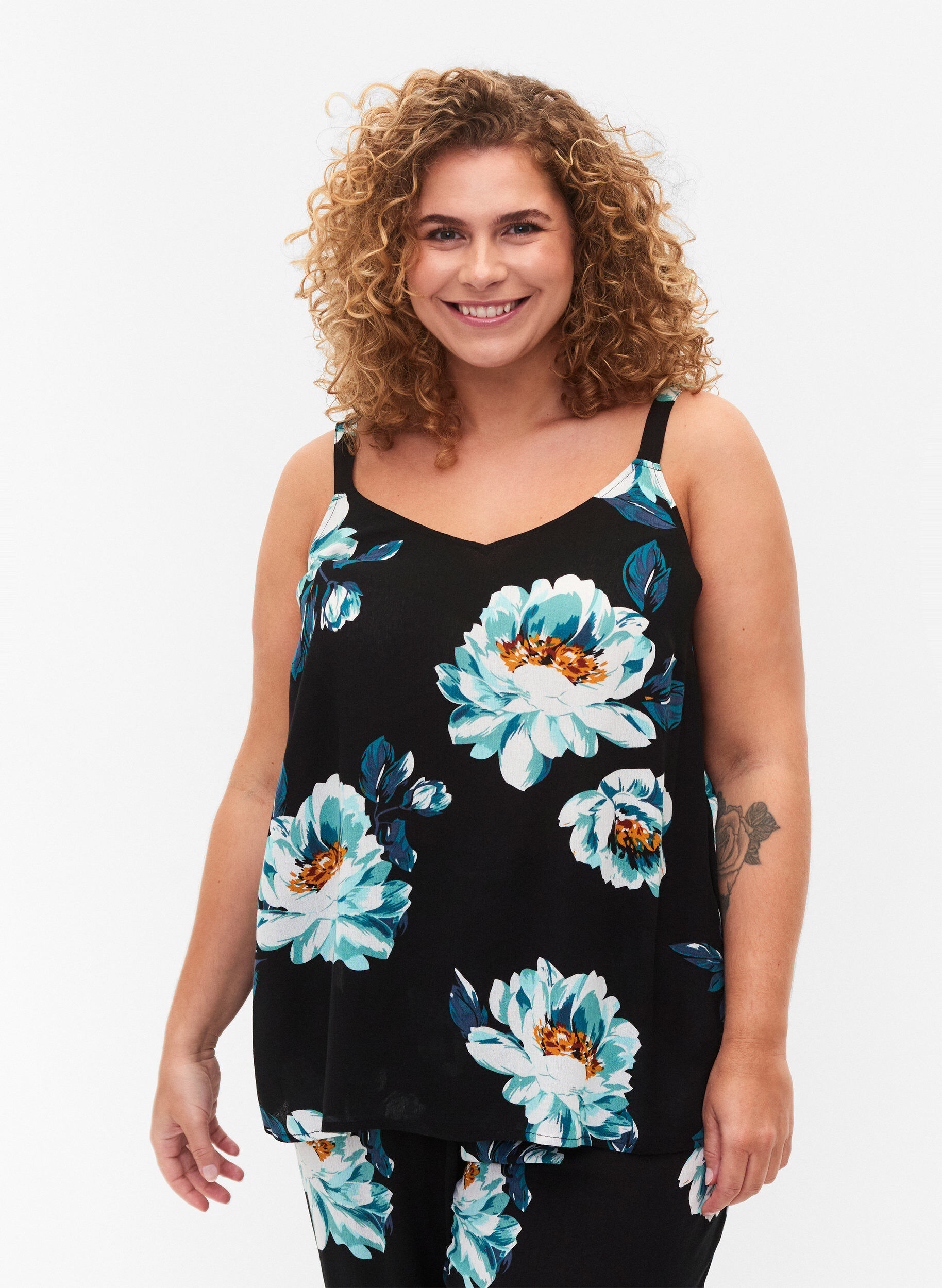 Zizzi Top sans manches en viscose, Black Big Flower, Model image number 0