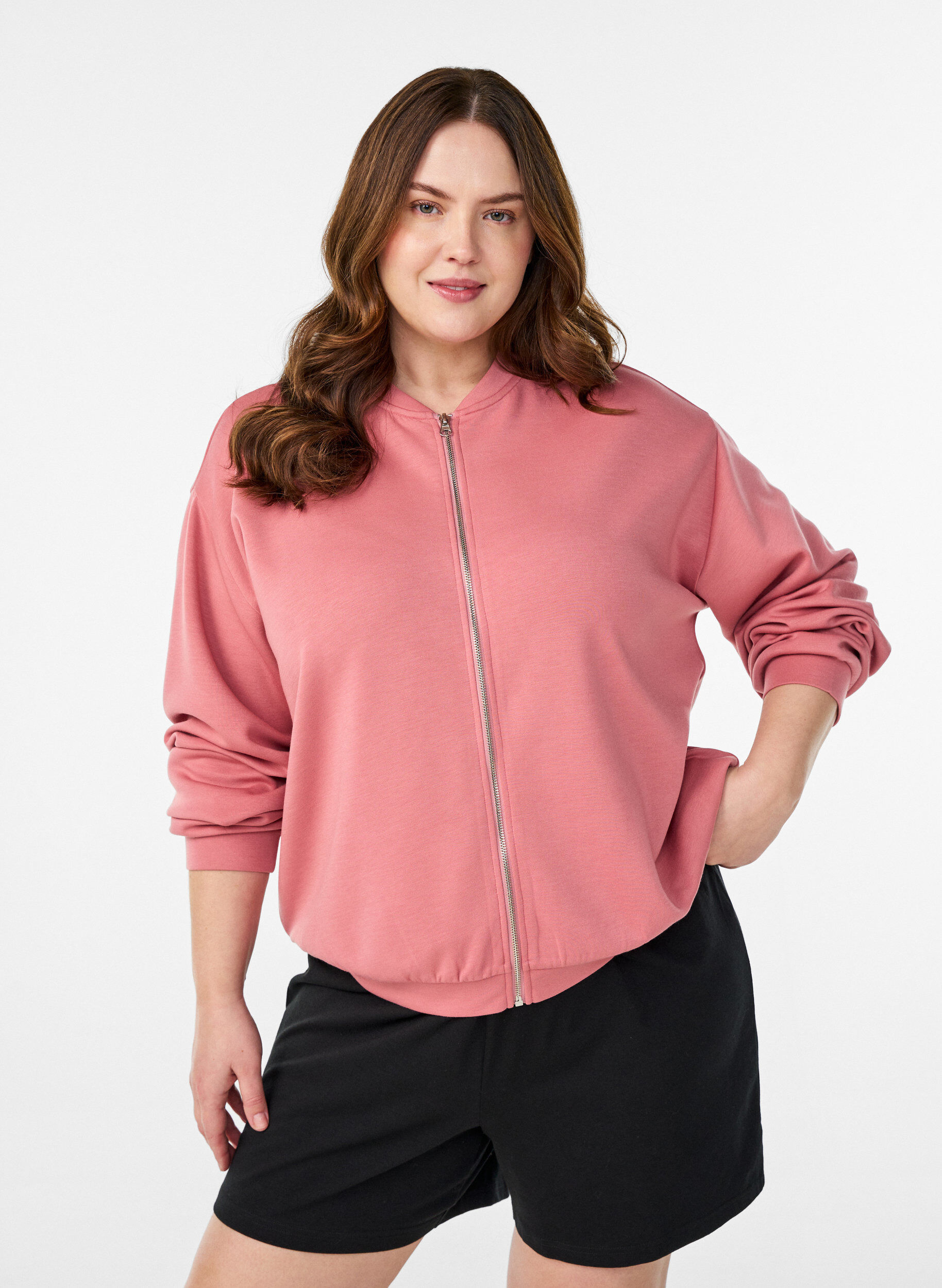 Zizzi Bomber-Cardigan mit Rei&szlig;verschluss, Rot, Model image number 0