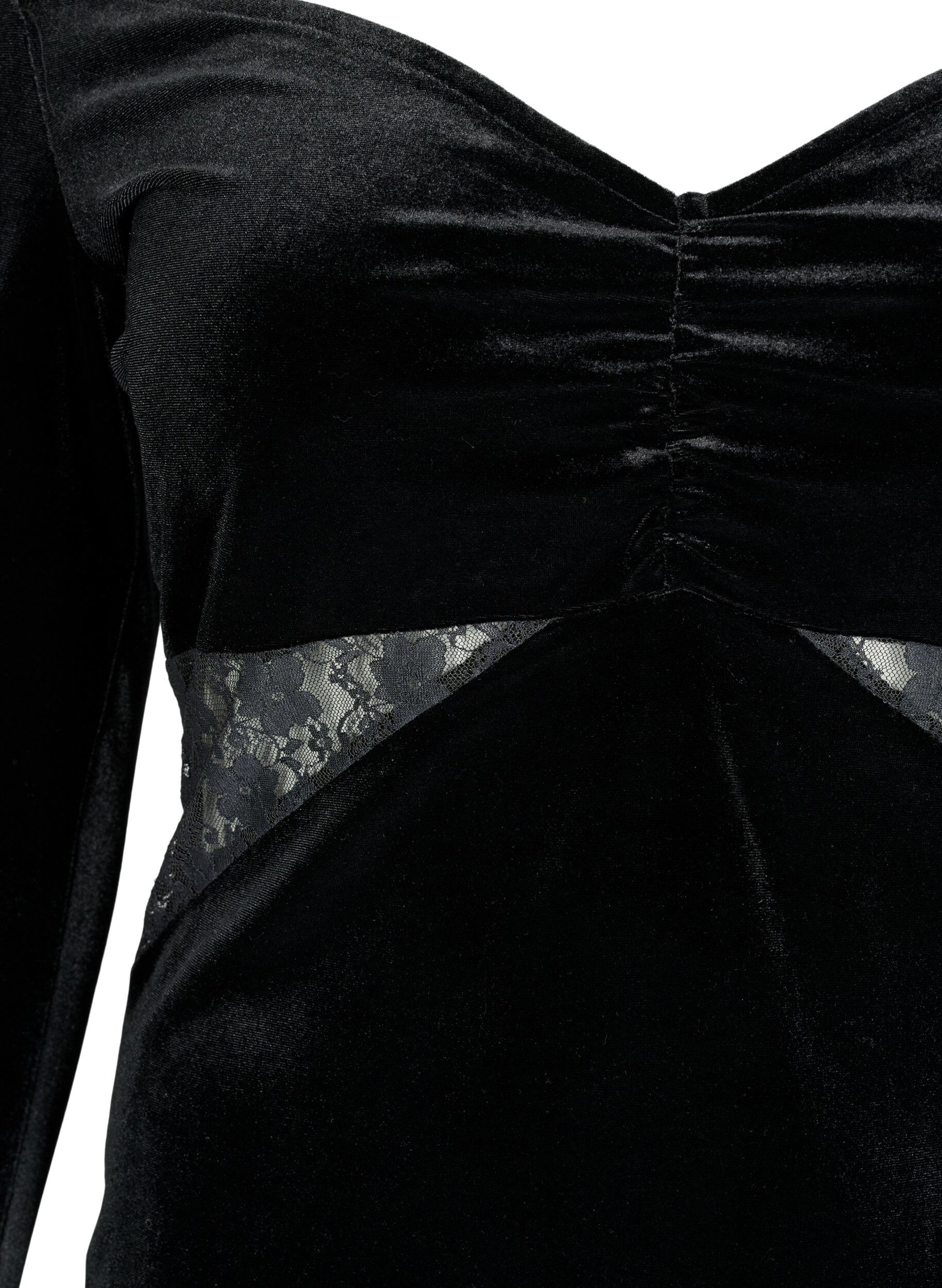 Zizzi Kurzes Velourkleid mit Spitzendetail, Black, Packshot image number 2