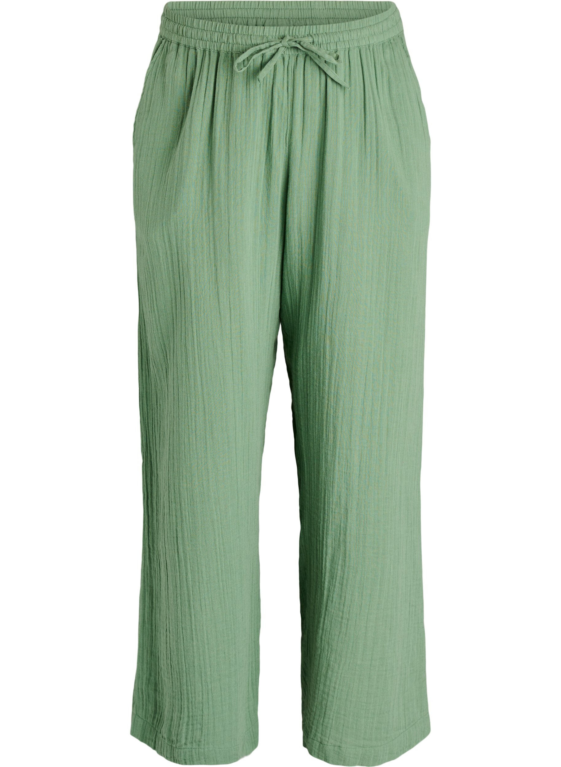 Pantalon taille haute en mousseline de coton &agrave; coupe ample