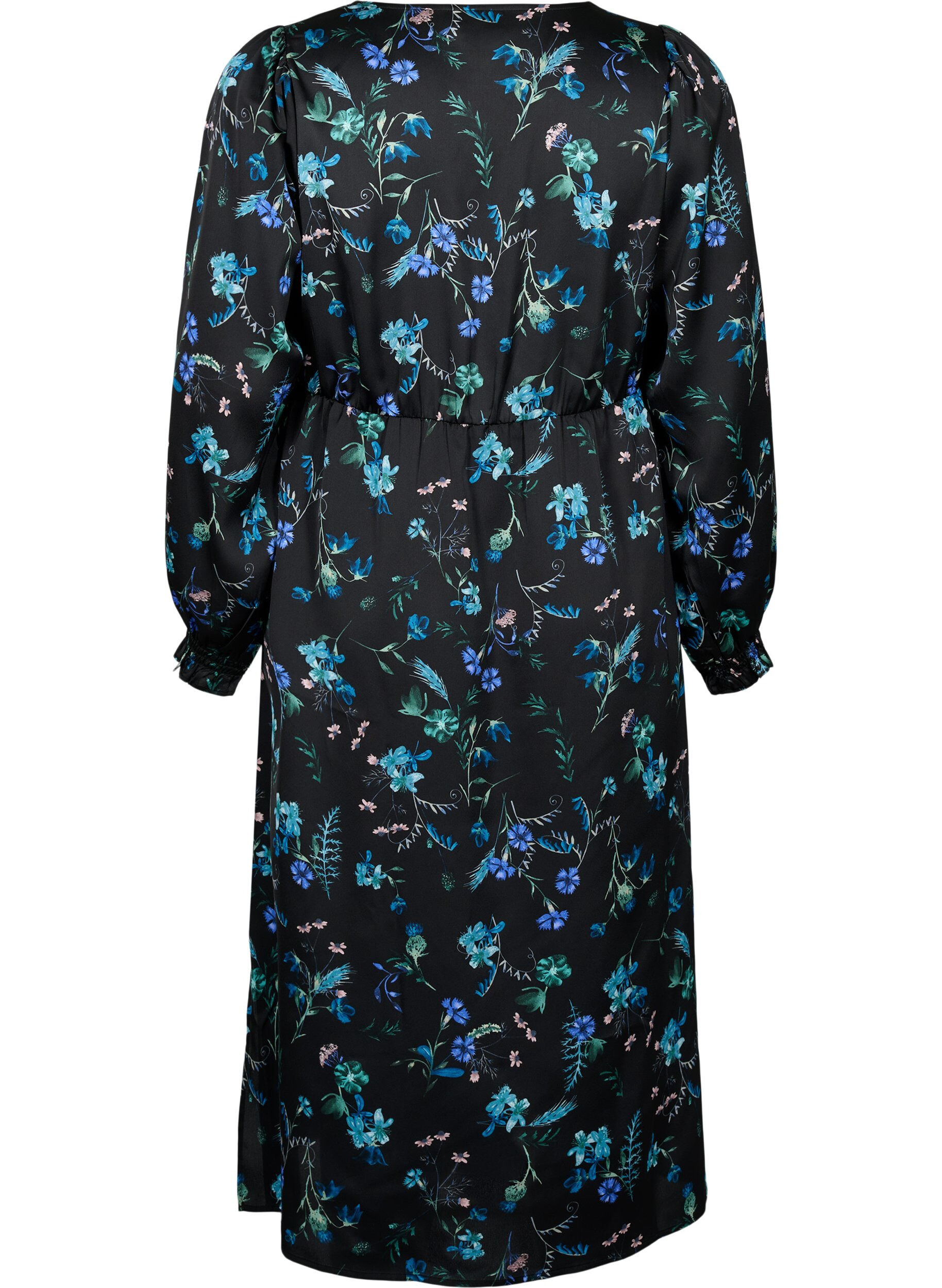 Zizzi Robe midi &agrave; manches longues avec imprim&eacute; floral, Blue Flower AOP, Packshot image number 1