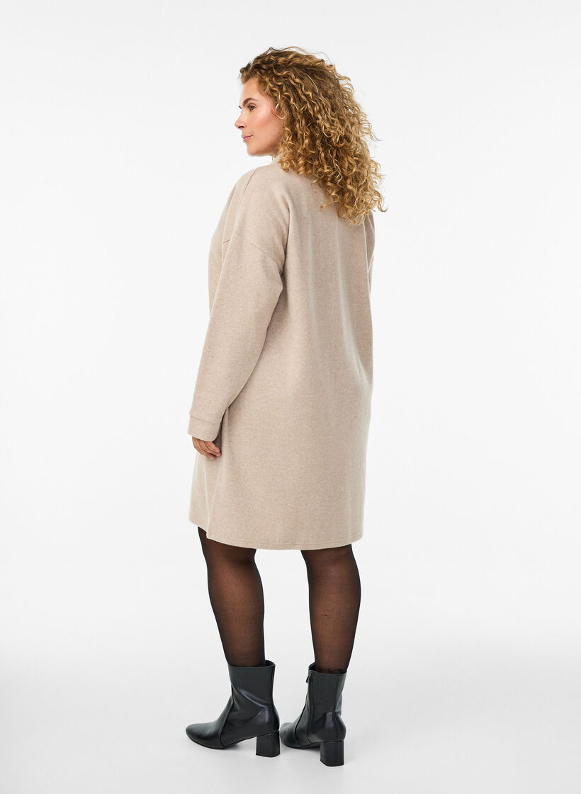 Knielanges Kleid aus Jersey mit V-Ausschnitt und Kragen, Beige, Model image number 2