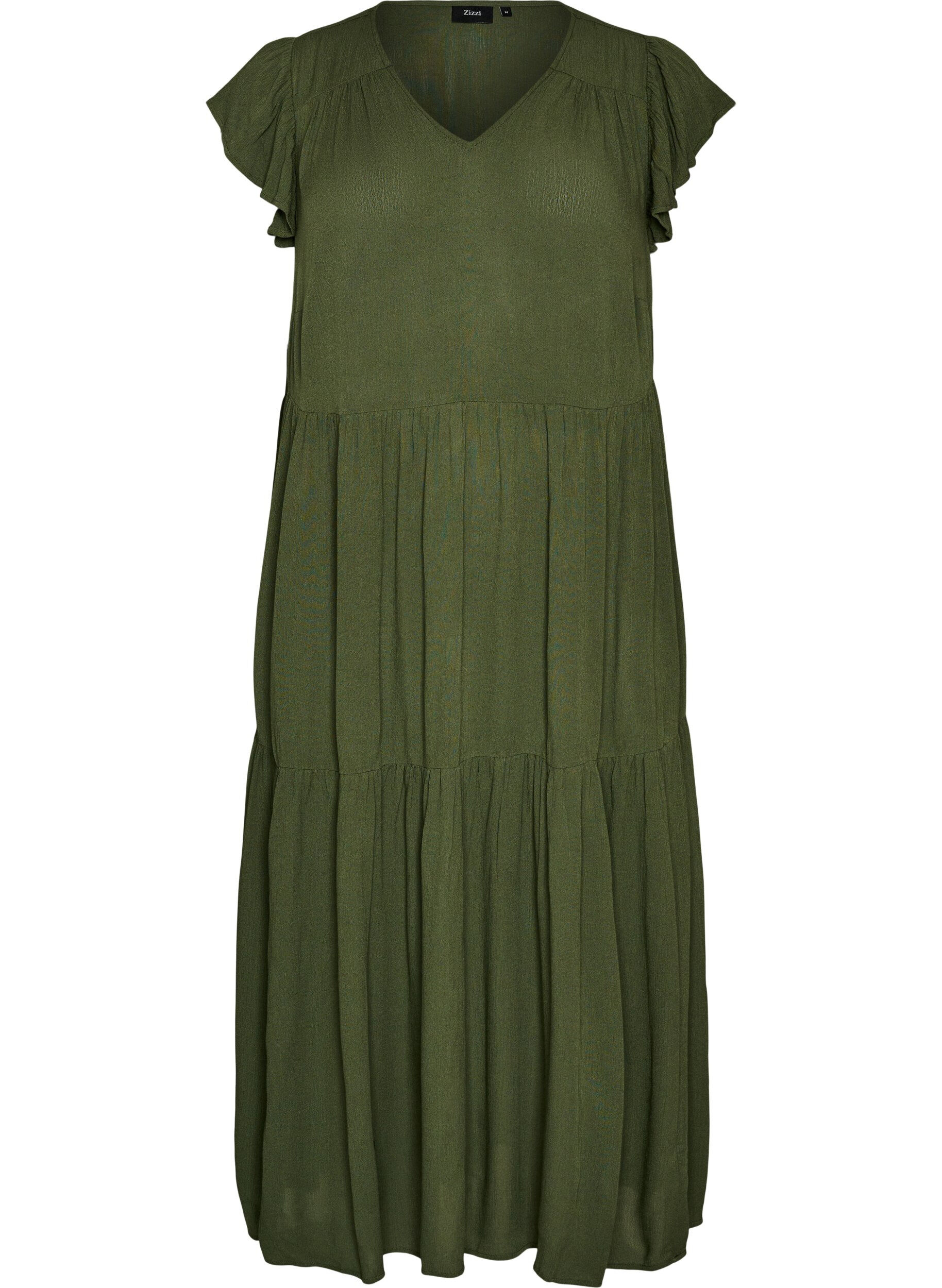 Robe midi en viscose avec manches &agrave; volants