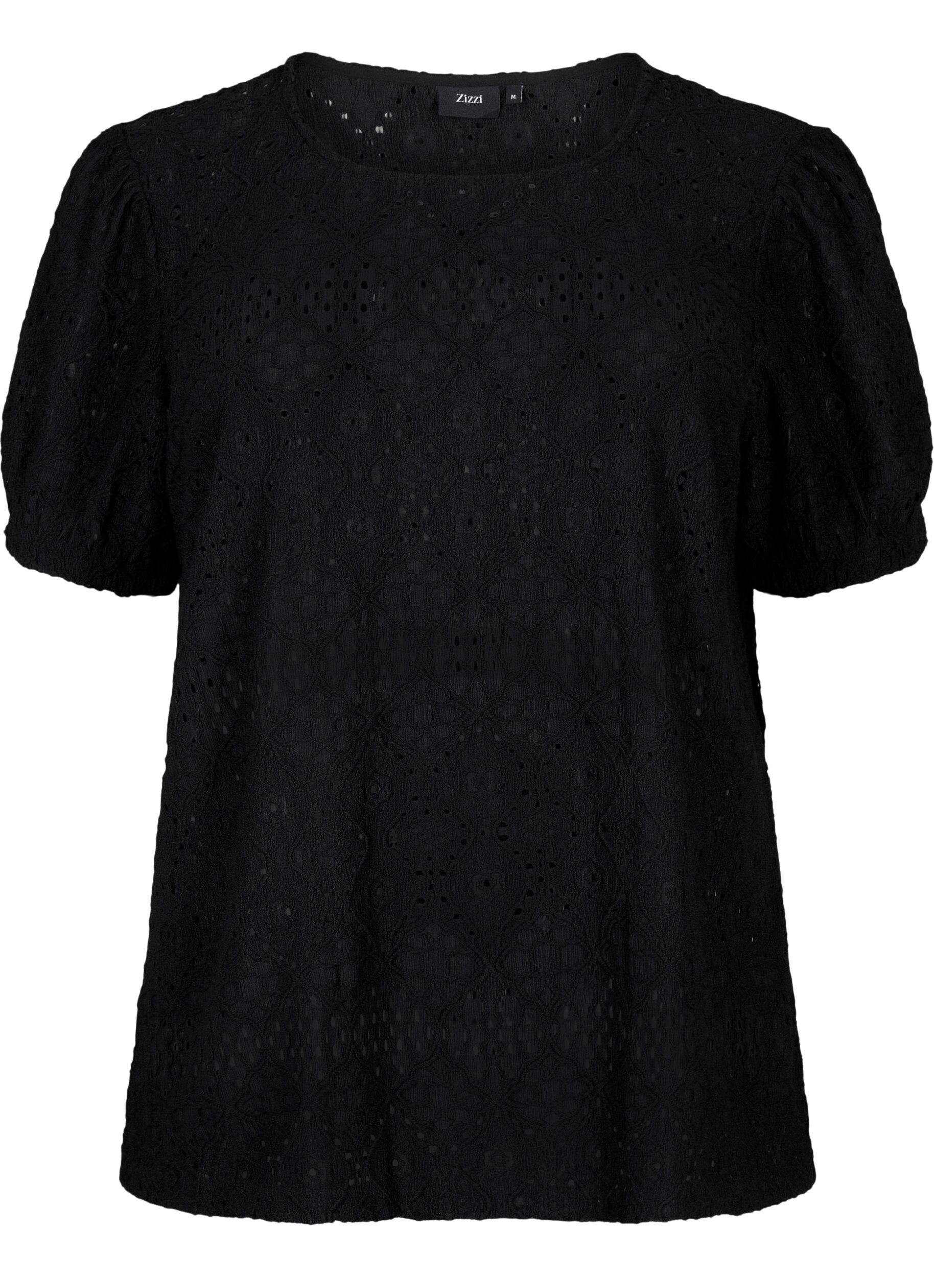 Zizzi  Kurz&auml;rmelige Bluse mit Lochmuster, Black, Packshot image number 0