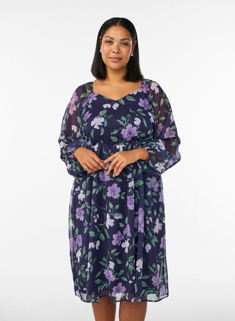 Robe de soir&eacute;e en mousseline &agrave; manches longues, Bleu, Model image number 0