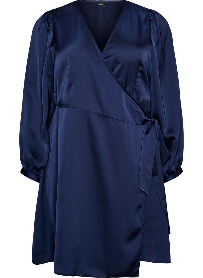 Robe courte en satin avec coupe portefeuille, Bleu, Packshot image number 0