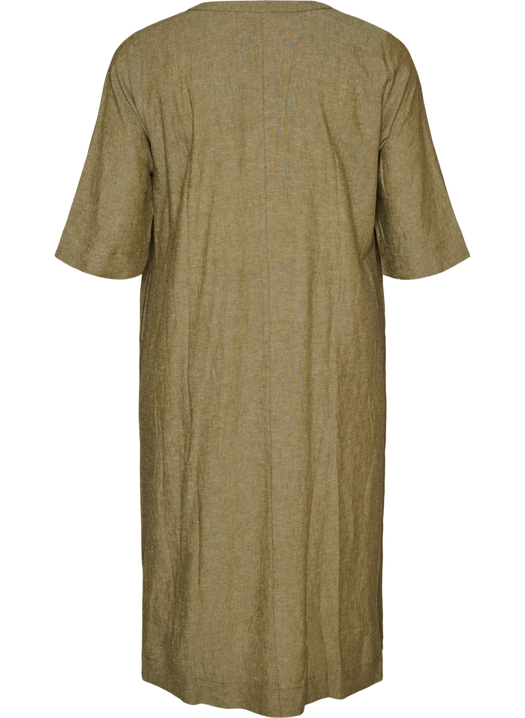 ZizziMidikleid aus Leinen und Viskose mit 1/2-&Auml;rmeln, Gr&uuml;n, Packshot image number 1