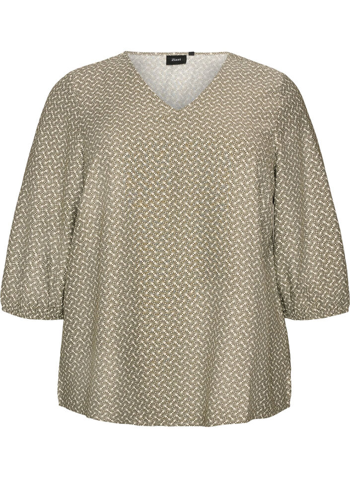 Blouse imprim&eacute;e en viscose avec manches 3/4, Vert Kaki, Packshot image number 0