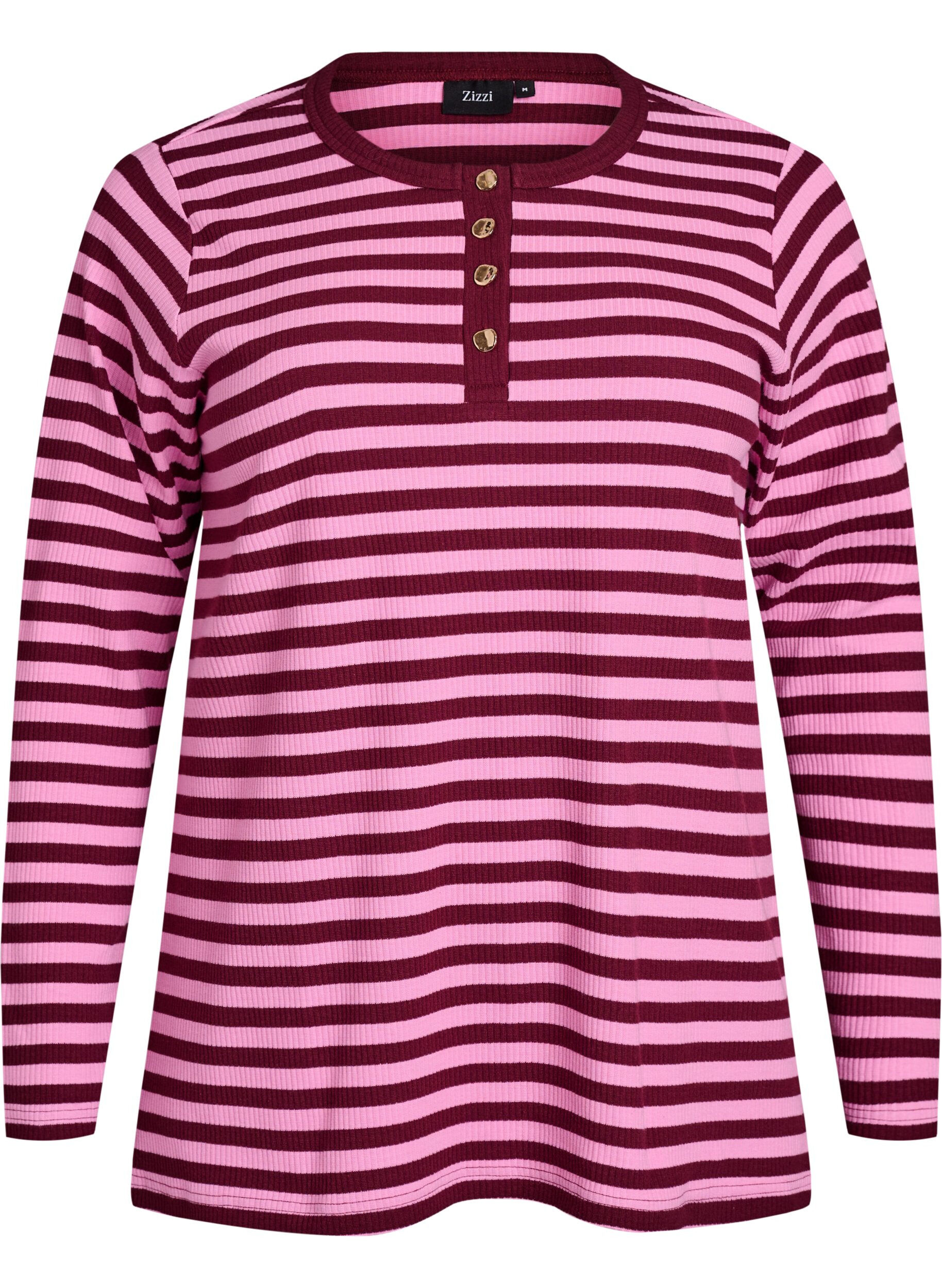 Zizzi Gestreifte Jerseybluse mit Rippstruktur, Pink, Packshot image number 0