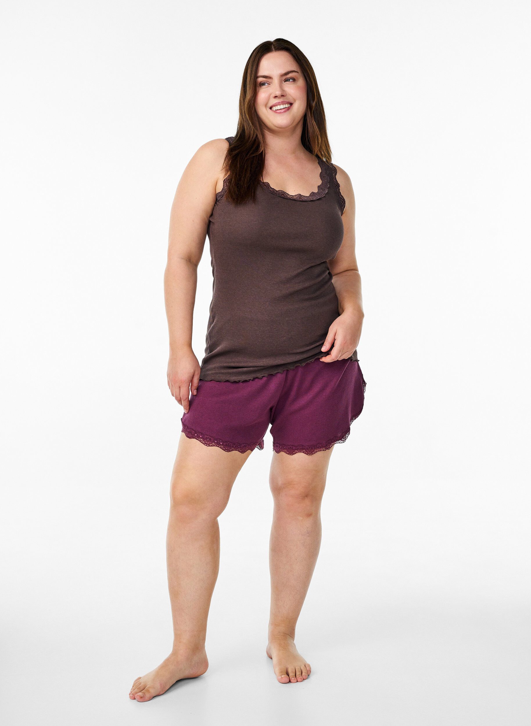 Zizzi Haut avec bordure en dentelle, Marron, Model image number 1