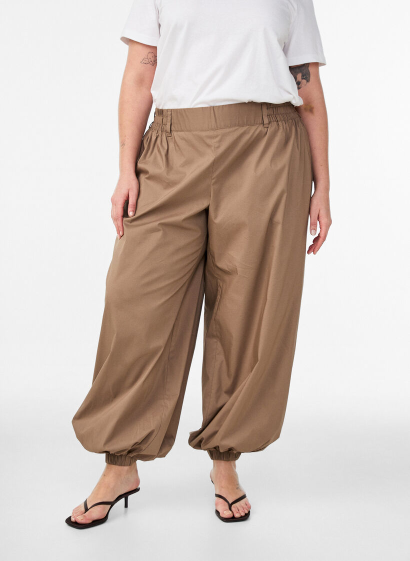 Pantalon ballon taille haute avec ceinture &eacute;lastique, Marron, Model image number 2