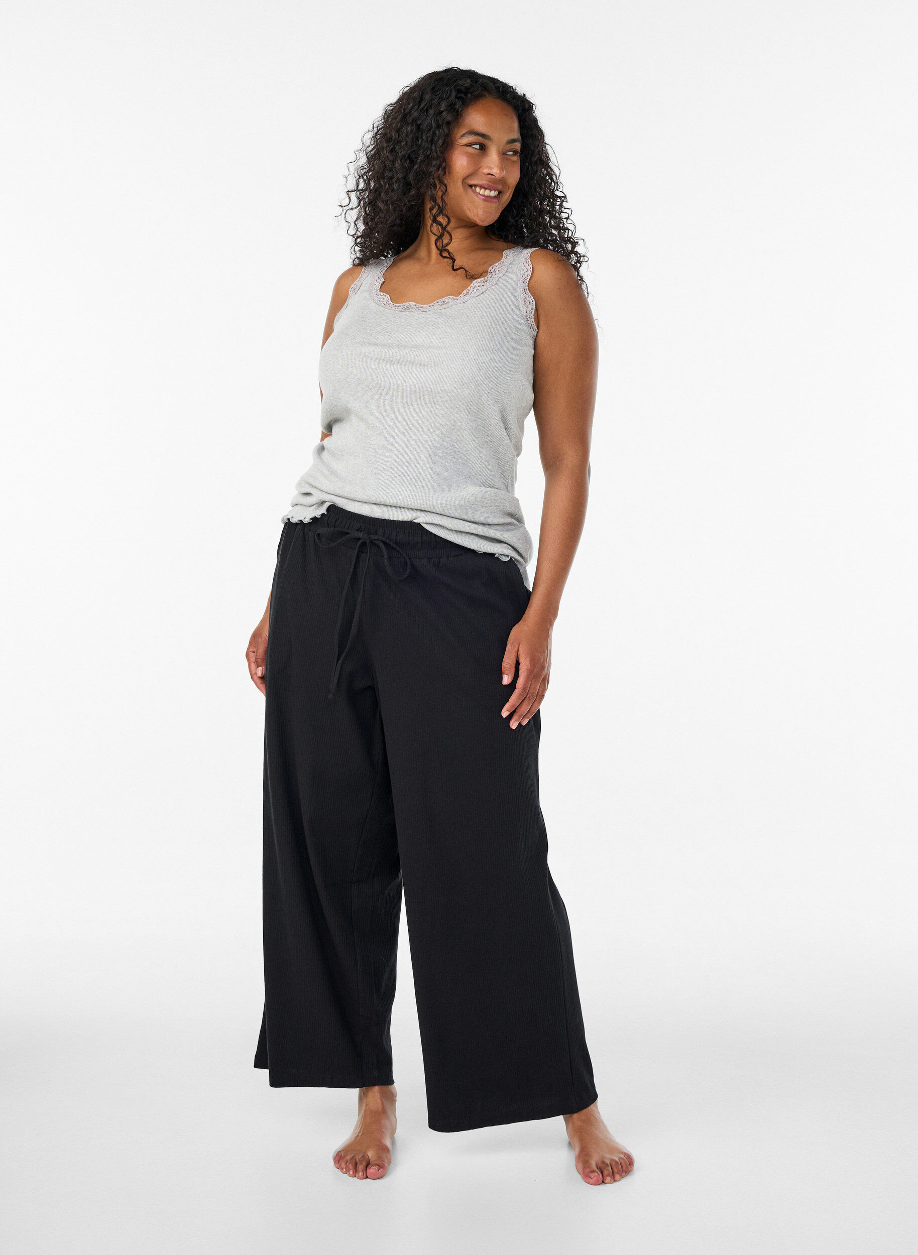 ZizziGerippte Pyjamahose mit geraden Beinen, Schwarz, Model image number 0