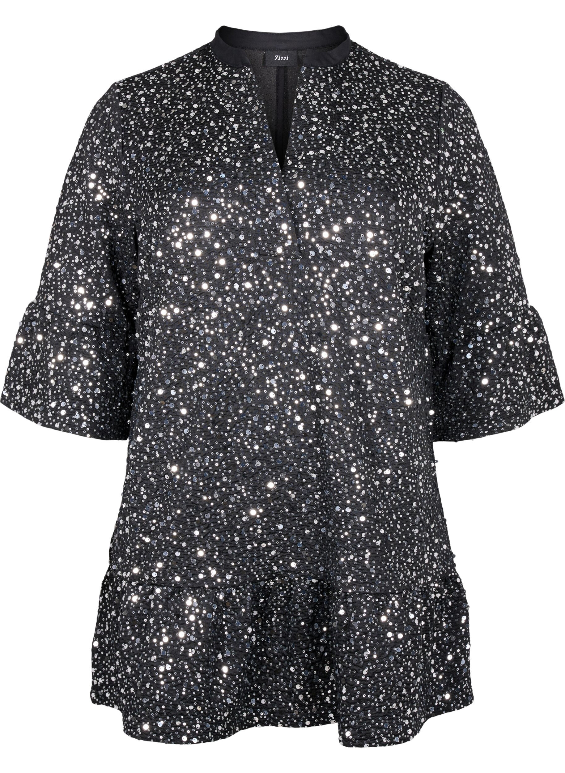 Zizzi Robe &agrave; paillettes avec col en V et manches 3/4, Black w. Sequins, Packshot image number 0