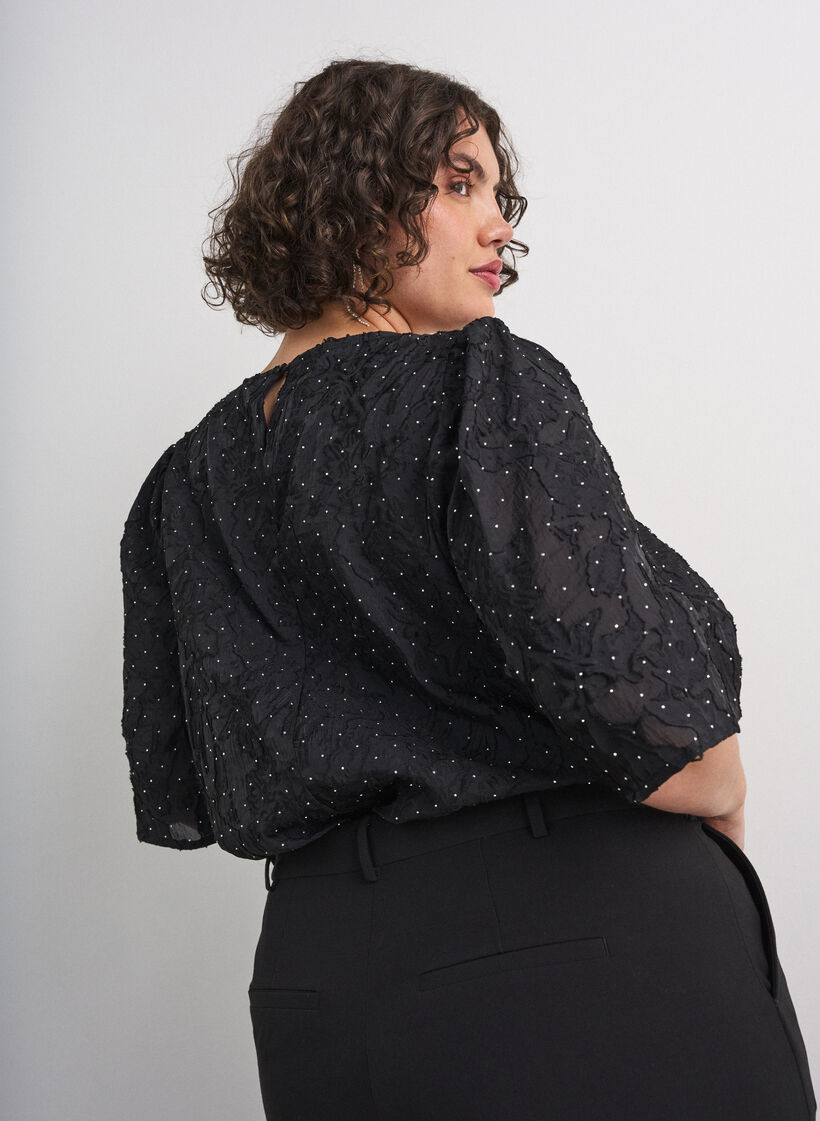 Blouse jacquard avec d&eacute;tails scintillants et manches bouffantes, Noir, Model image number 2