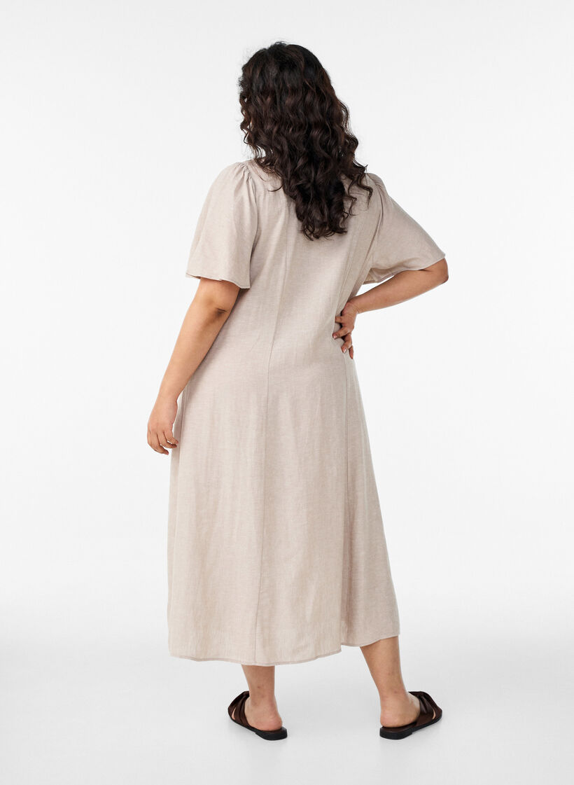 Robe midi en lin et viscose avec manches &agrave; volants, Beige, Model image number 1