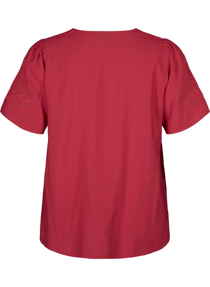 Chemisier à manches courtes en viscose avec broderie, Rouge, Packshot image number 1