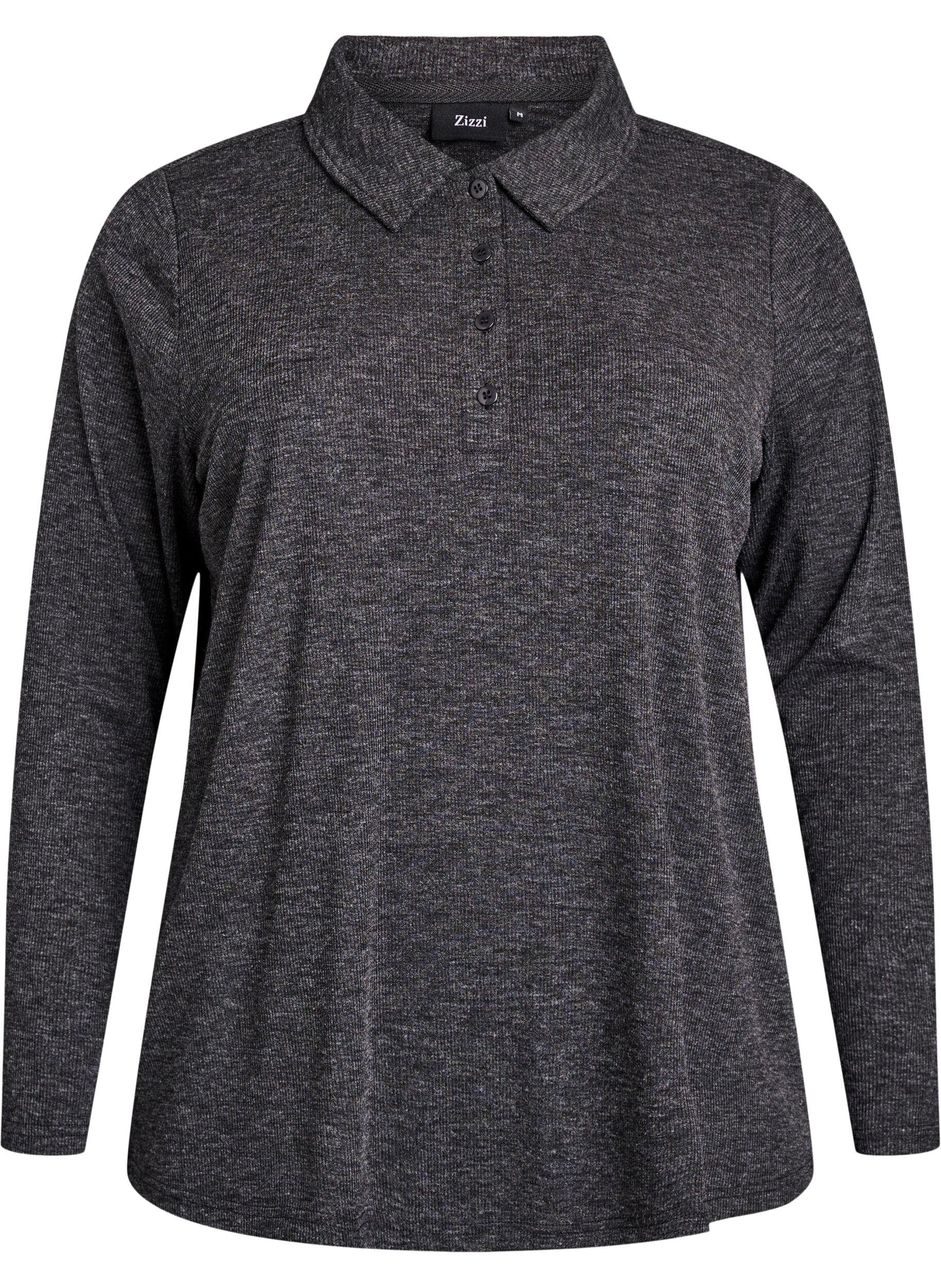 Zizzi Polo &agrave; manches longues en maille c&ocirc;tel&eacute;e extensible, Gris anthracite, Packshot image number 0