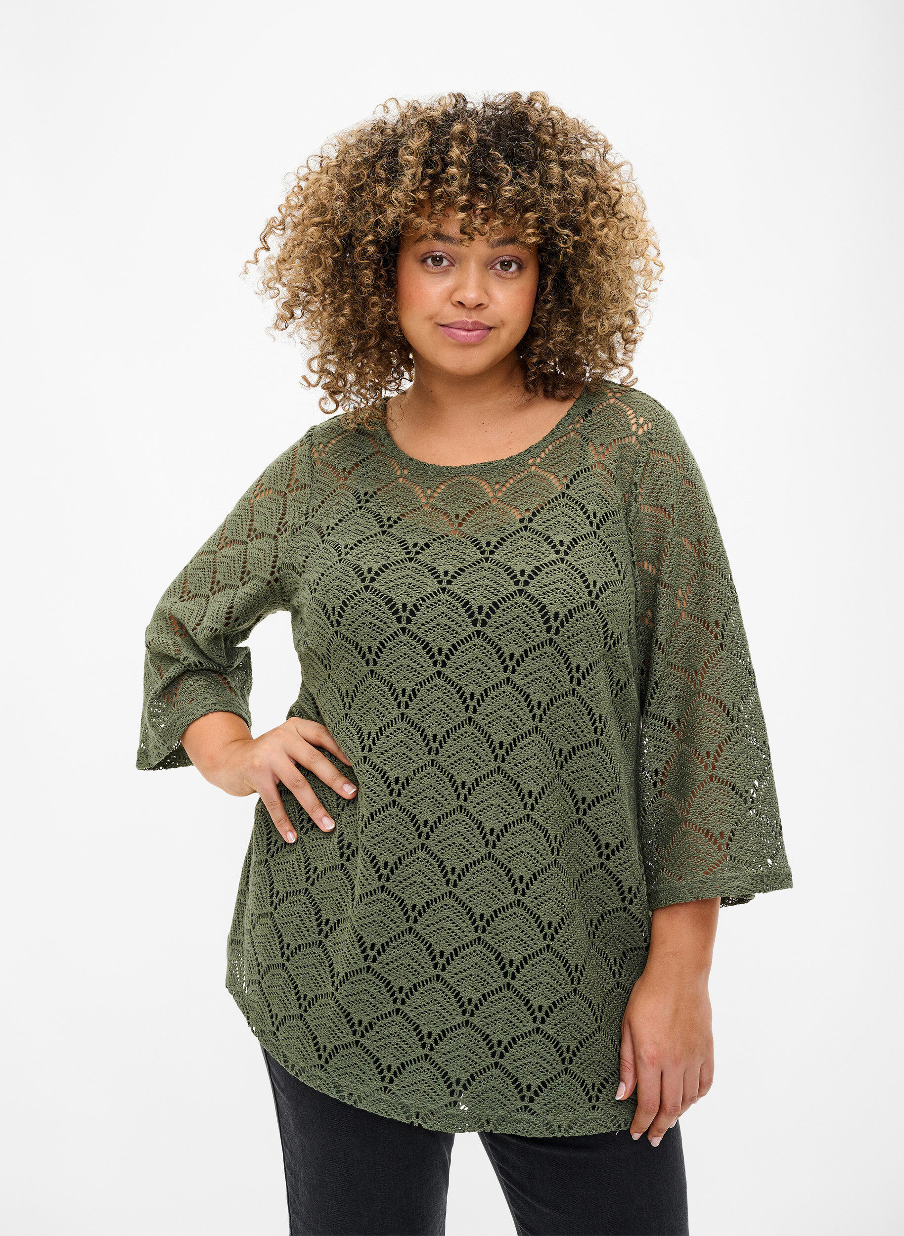 Zizzi Crochet Bluse mit 3/4 Pins, Thyme, Model image number 0