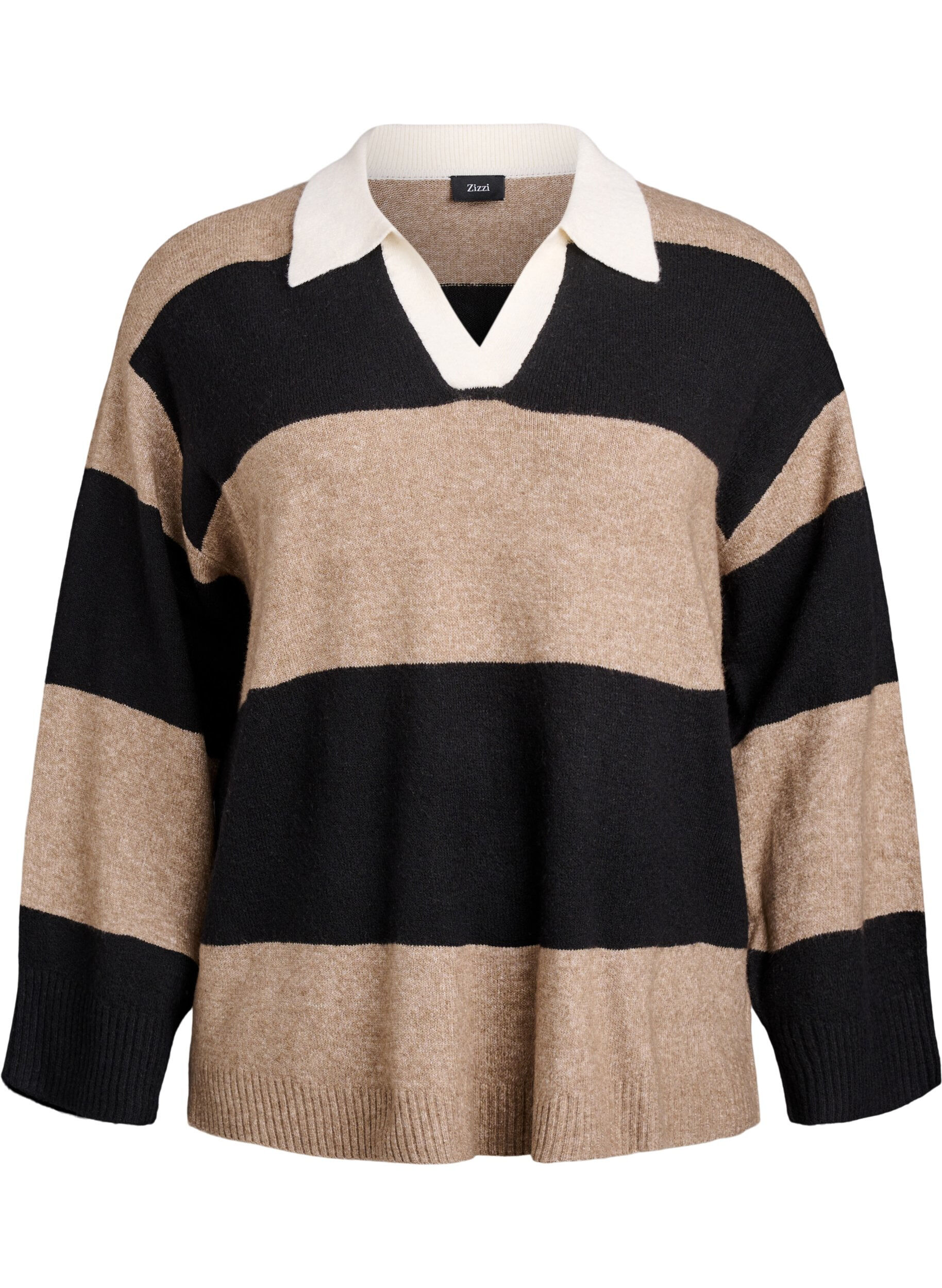 Zizzi Strickbluse mit Kragen und V-Ausschnitt, Schwarz, Packshot image number 0