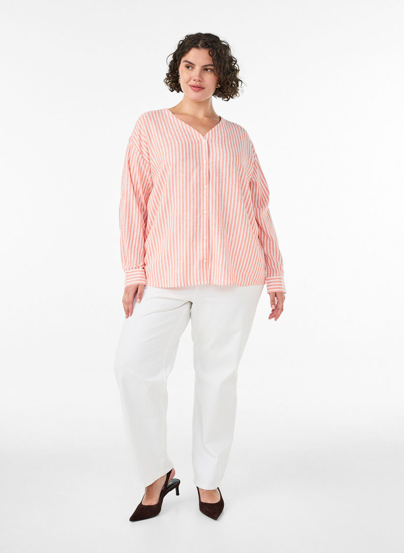 Bluse aus Leinen und Viskose mit V-Ausschnitt, Orange, Model image number 1