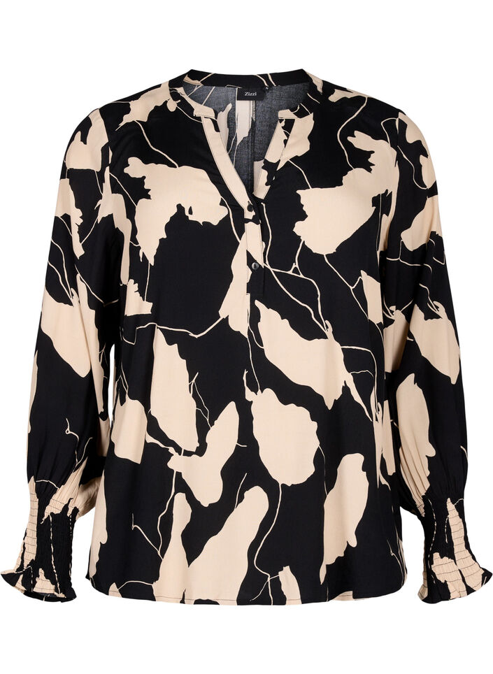 Blouse en viscose imprimée avec smock, Black AOP, Packshot image number 0