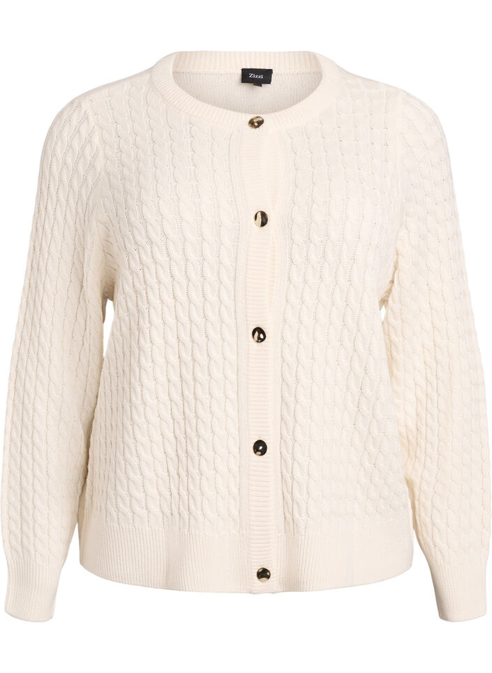 Cardigan en maille torsad&eacute;e avec boutons dor&eacute;s, Vanille, Packshot image number 0