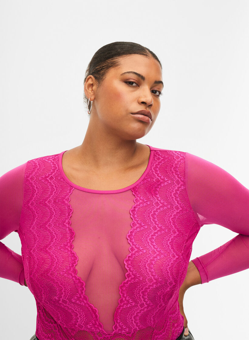 Bodystocking mit Spitze und Mesh, Fuchsia Red, Model image number 2