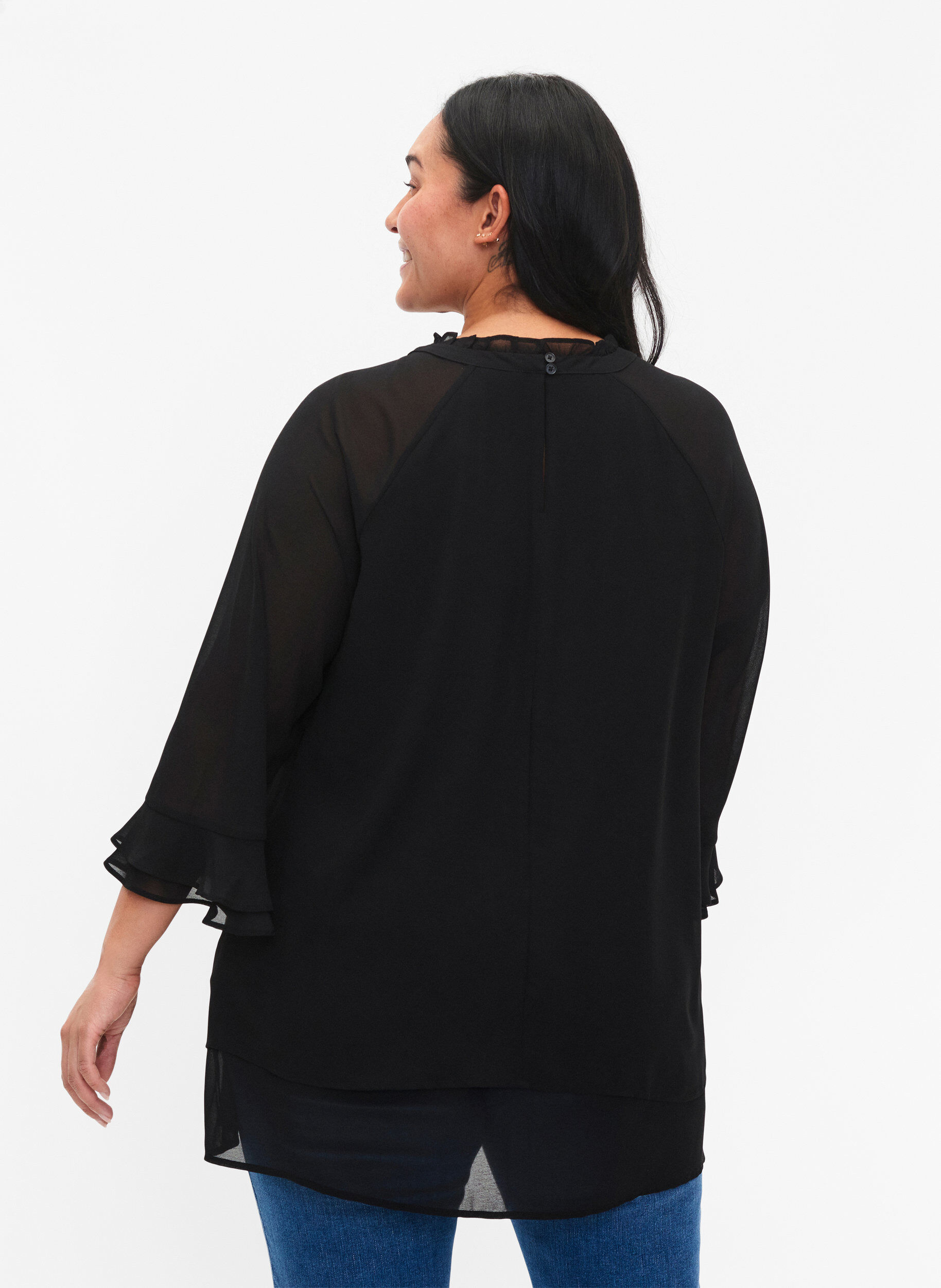 Zizzi Blouse &agrave; fond asym&eacute;trique et manches 3/4, Black, Model image number 1
