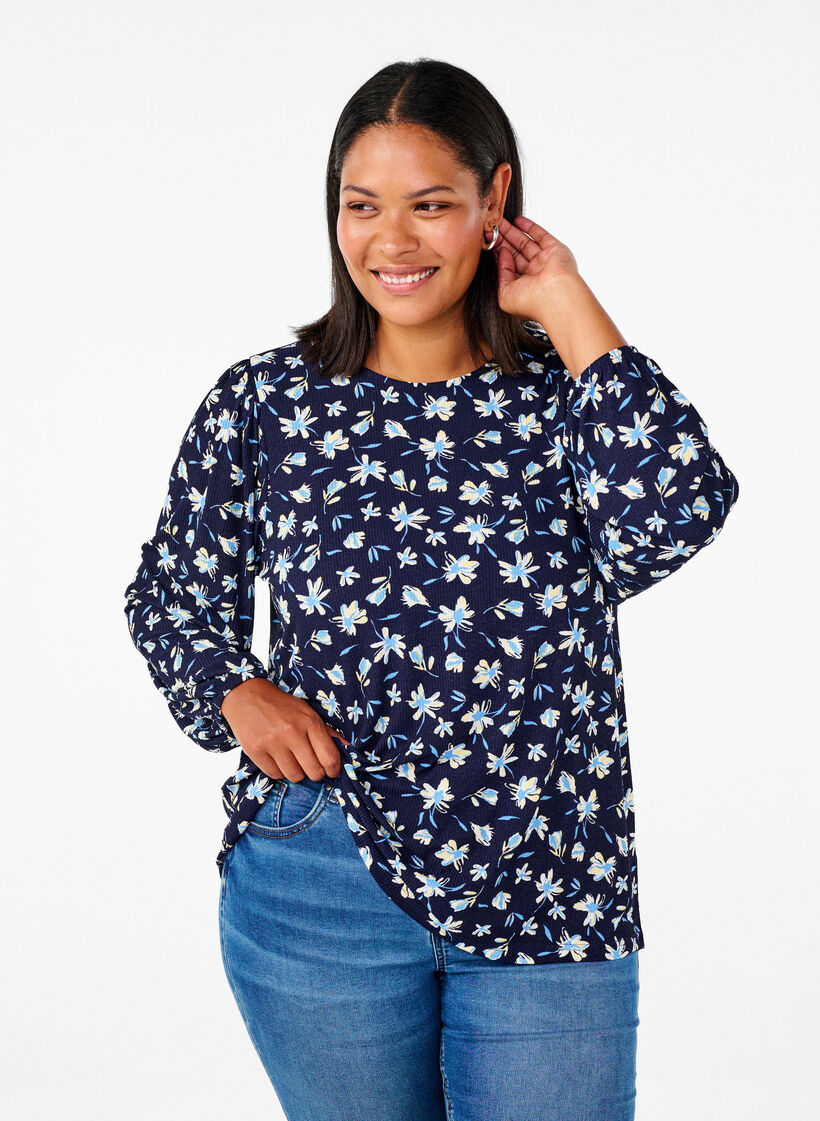 Bluse mit langen Ärmeln und geblümtem Print, Blau, Model image number 0