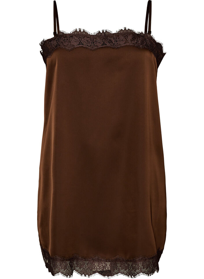 Langes Top aus Satin mit Spitzen, Braun, Packshot image number 0