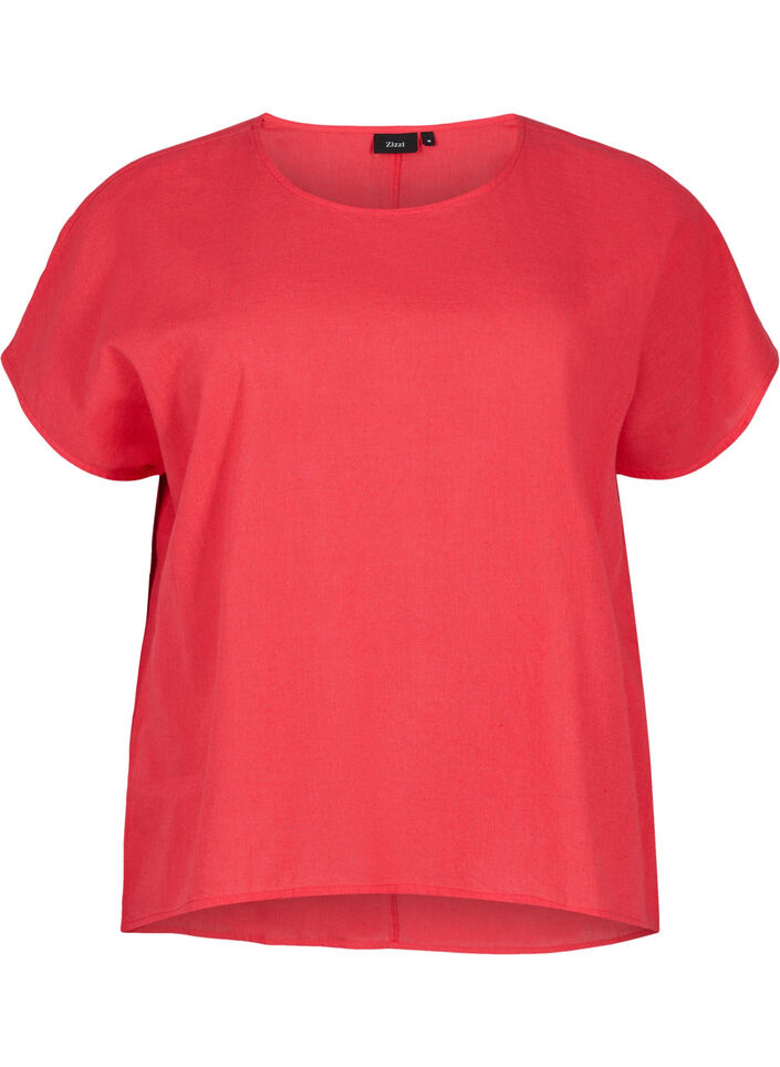 Kurzärmelige Bluse aus Baumwollmischung mit Leinen, Hibiscus, Packshot image number 0