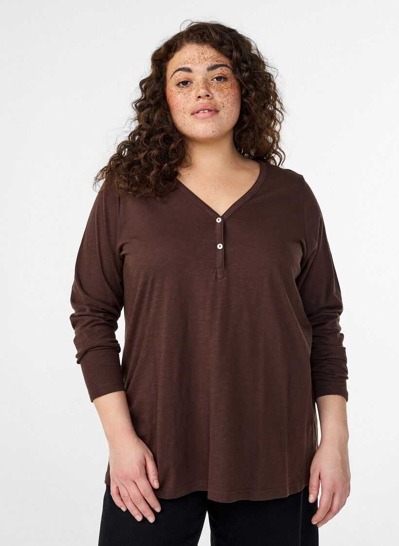 T-shirt &agrave; manches longues avec col V et boutons, Marron, Model image number 0