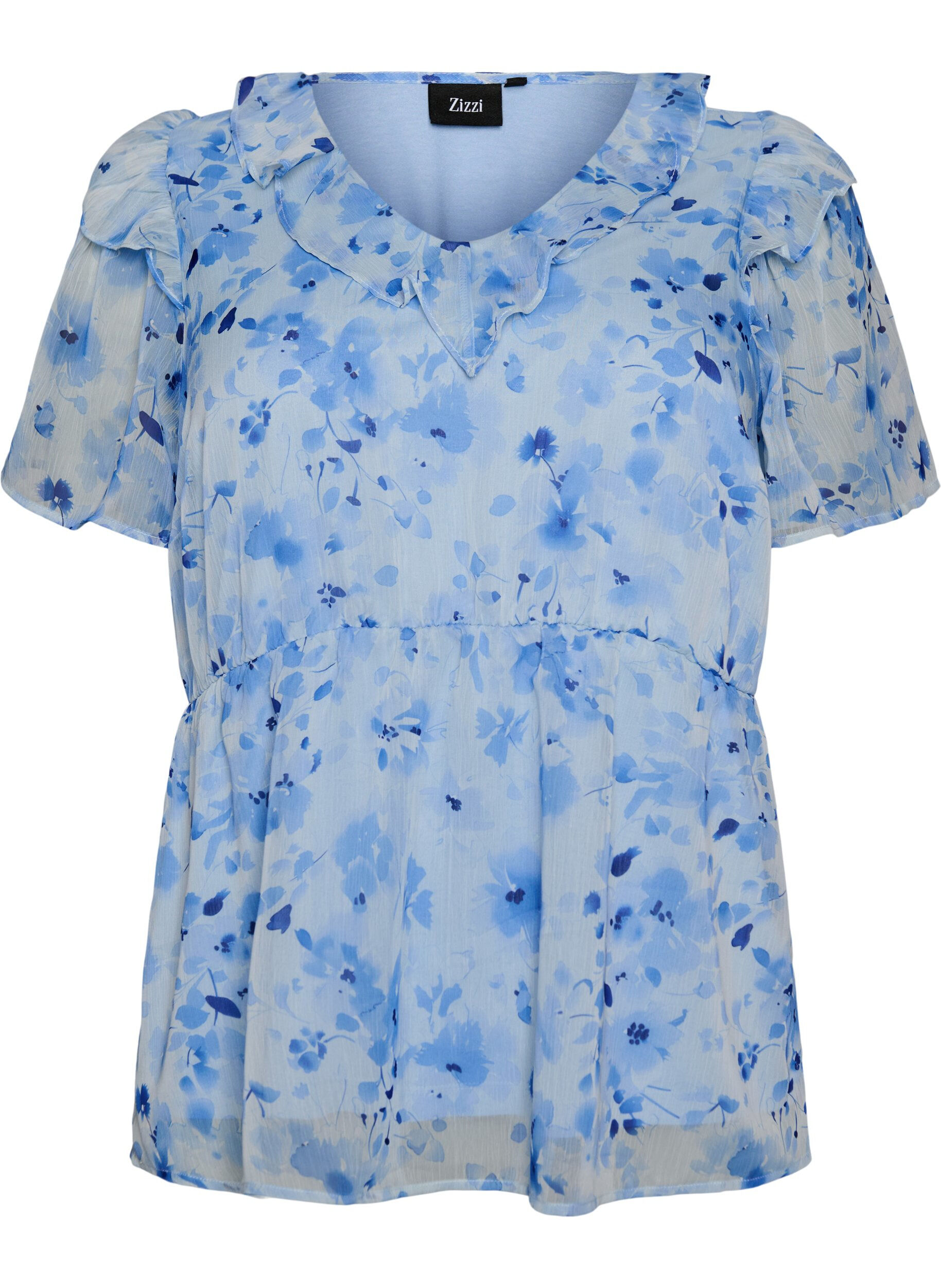 Zizzi Gebl&uuml;mte Bluse mit R&uuml;schenkragen und Peplum-Effekt, Blau, Packshot image number 0