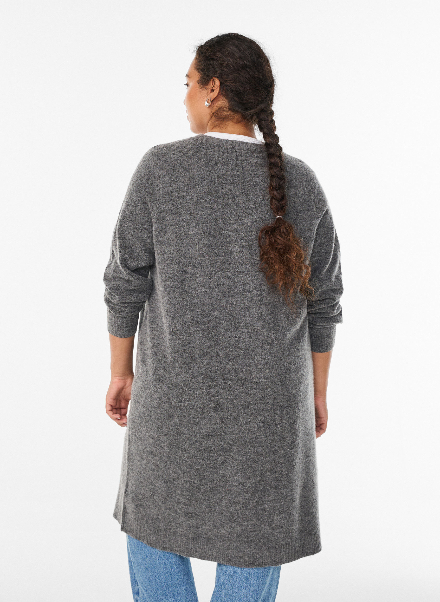 Zizzi Langer Strickcardigan mit Wolle und Alpaka, Grau, Model image number 2
