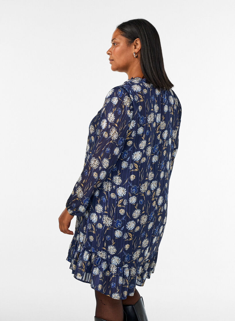 Gemustertes Kleid mit R&uuml;schen und langen &Auml;rmeln, Blau, Model image number 2