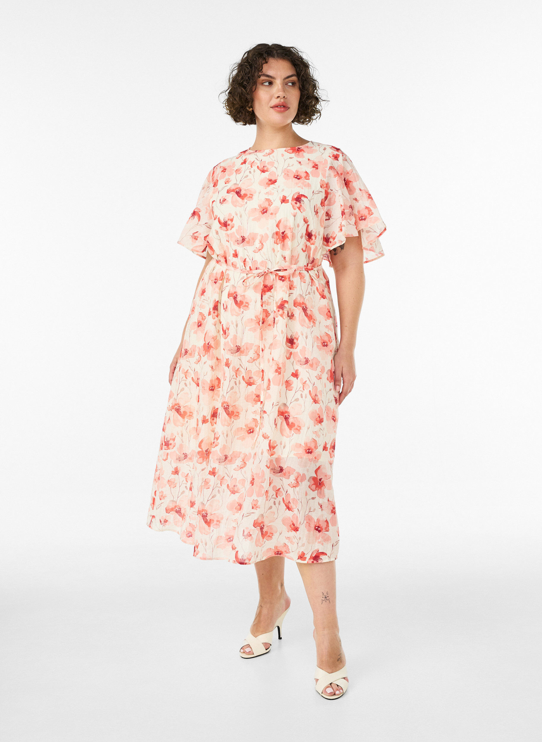 Robe longue avec manches papillon et taille &agrave; nouer, Rose, Model