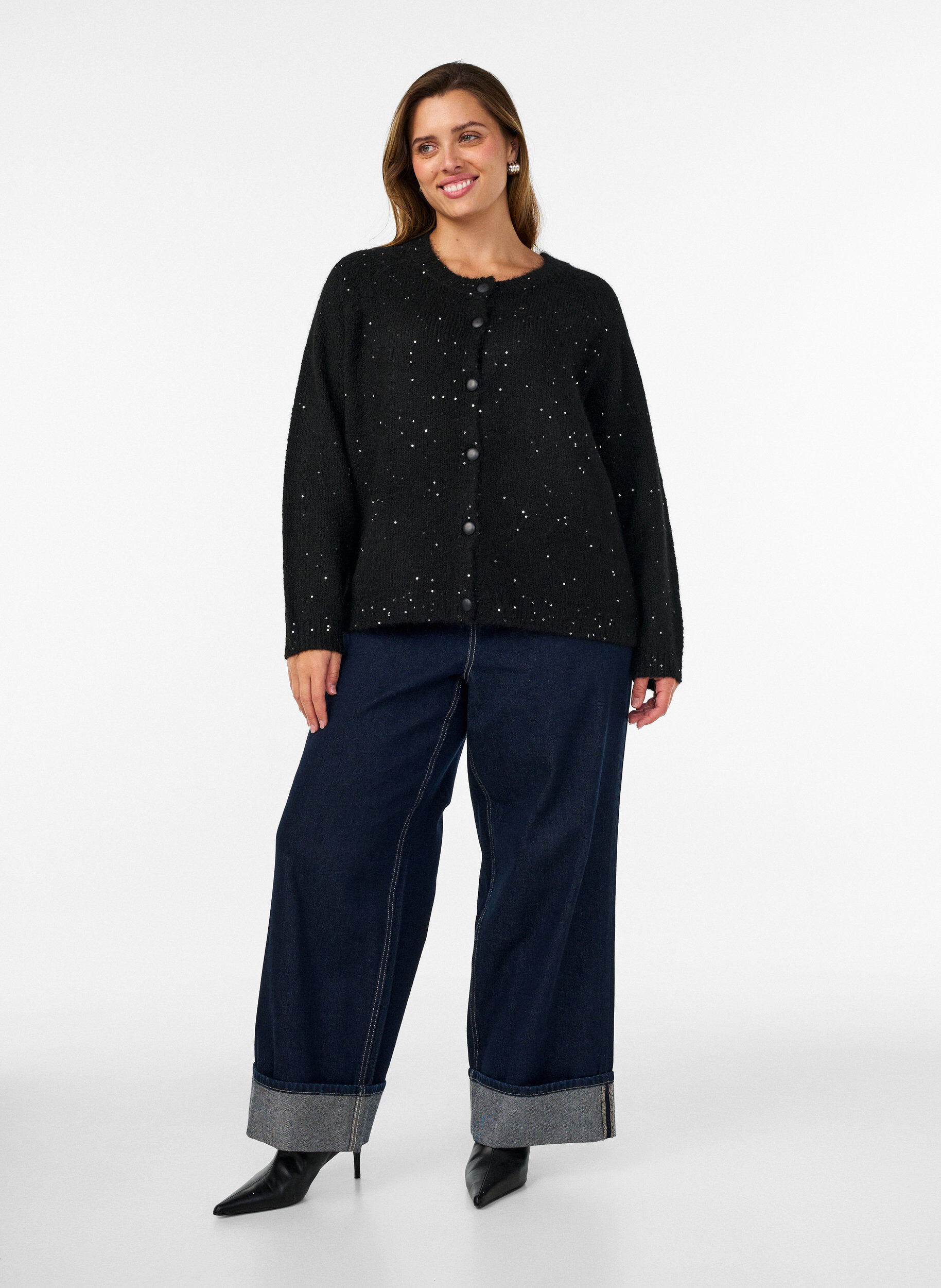 ZizziCardigan avec sequins et boutons, Noir, Model image number 1