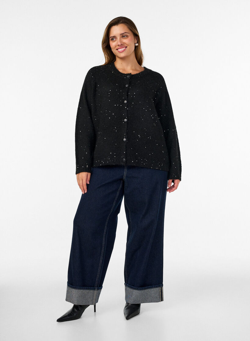 Cardigan avec sequins et boutons, Noir, Model image number 1